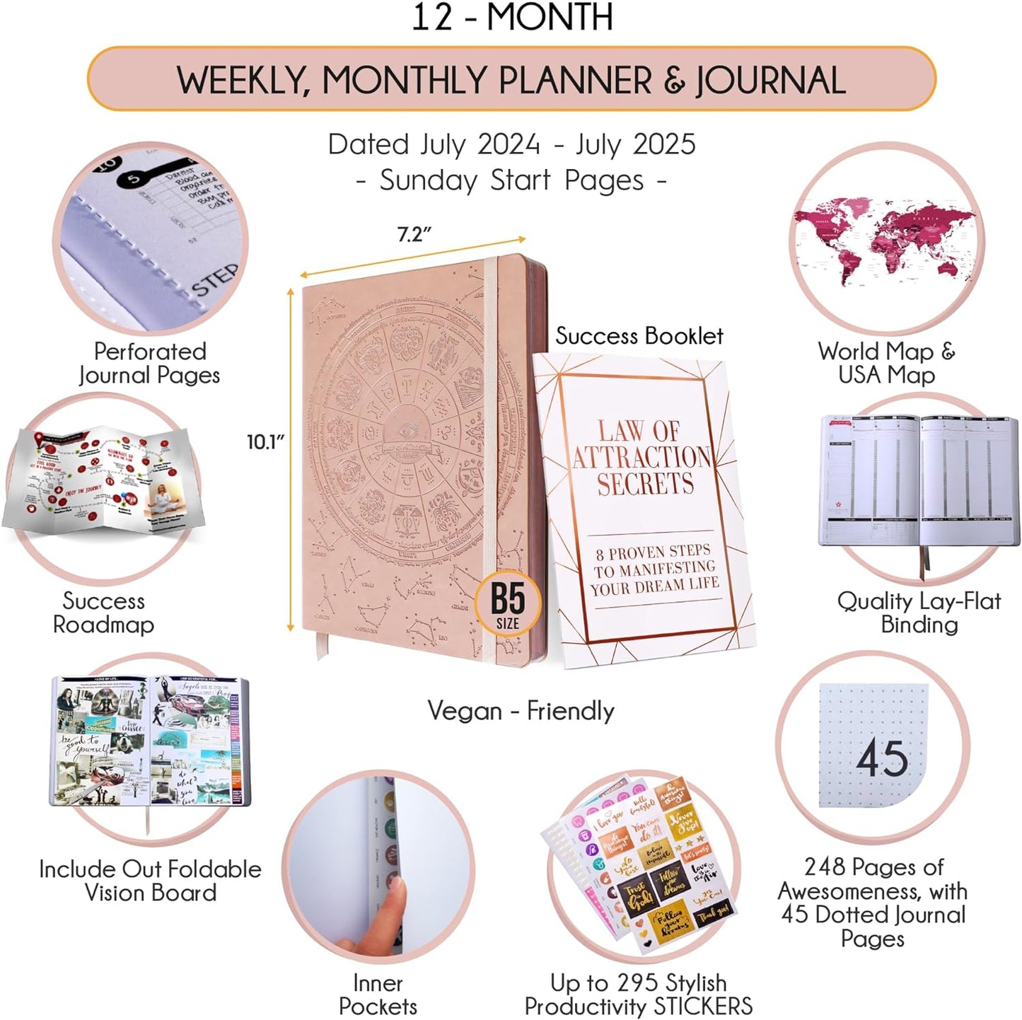 Law of Attraction Academic Planner 2023 - Deluxe July 2023-2024 Dated Weekly & Monthly Planner, Increase Productivity & Happiness, Daily Manifestation Journal - Life, Work, Goal Journal & Stickers, B5