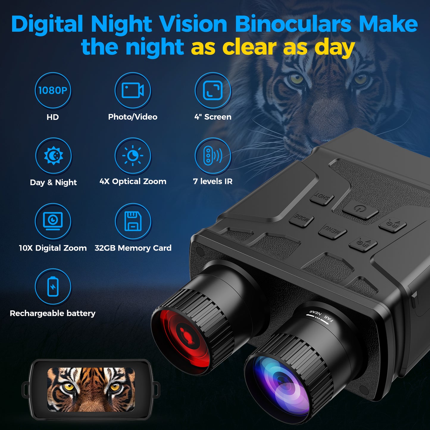 Night Vision Goggles, 7 Level Infrared Digital Night Vision Binoculars 32GB HD Photo and Video Capture, Type-C Rechargeable