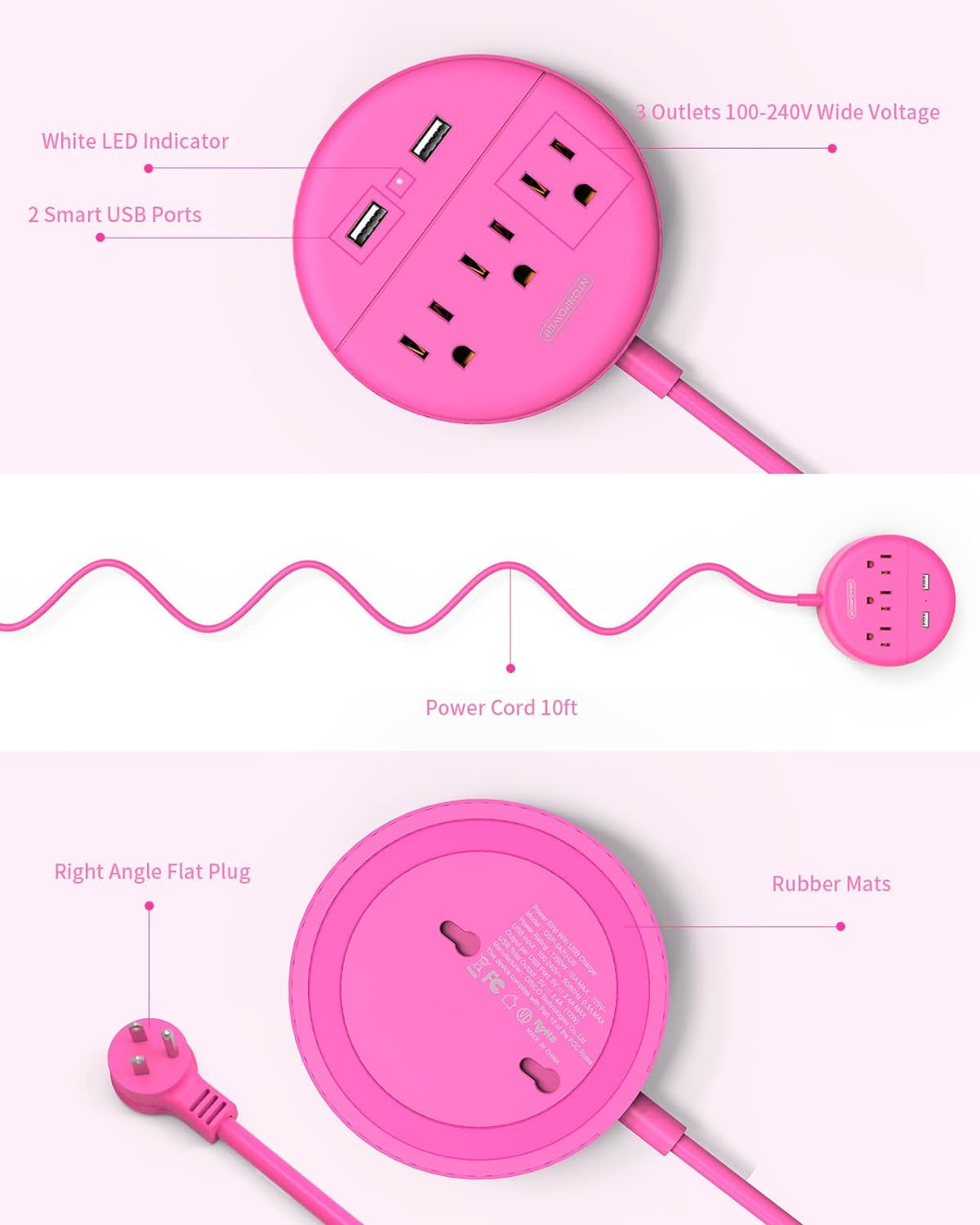 Pink Extension Cord 10 Ft,  Long Cord Power Strip Flat Plug, 3 Outlets 2 USB Desktop Charging Station Wall Mount, Compact for Home, Dorm Room, Office and Cruise Ship Nightstand