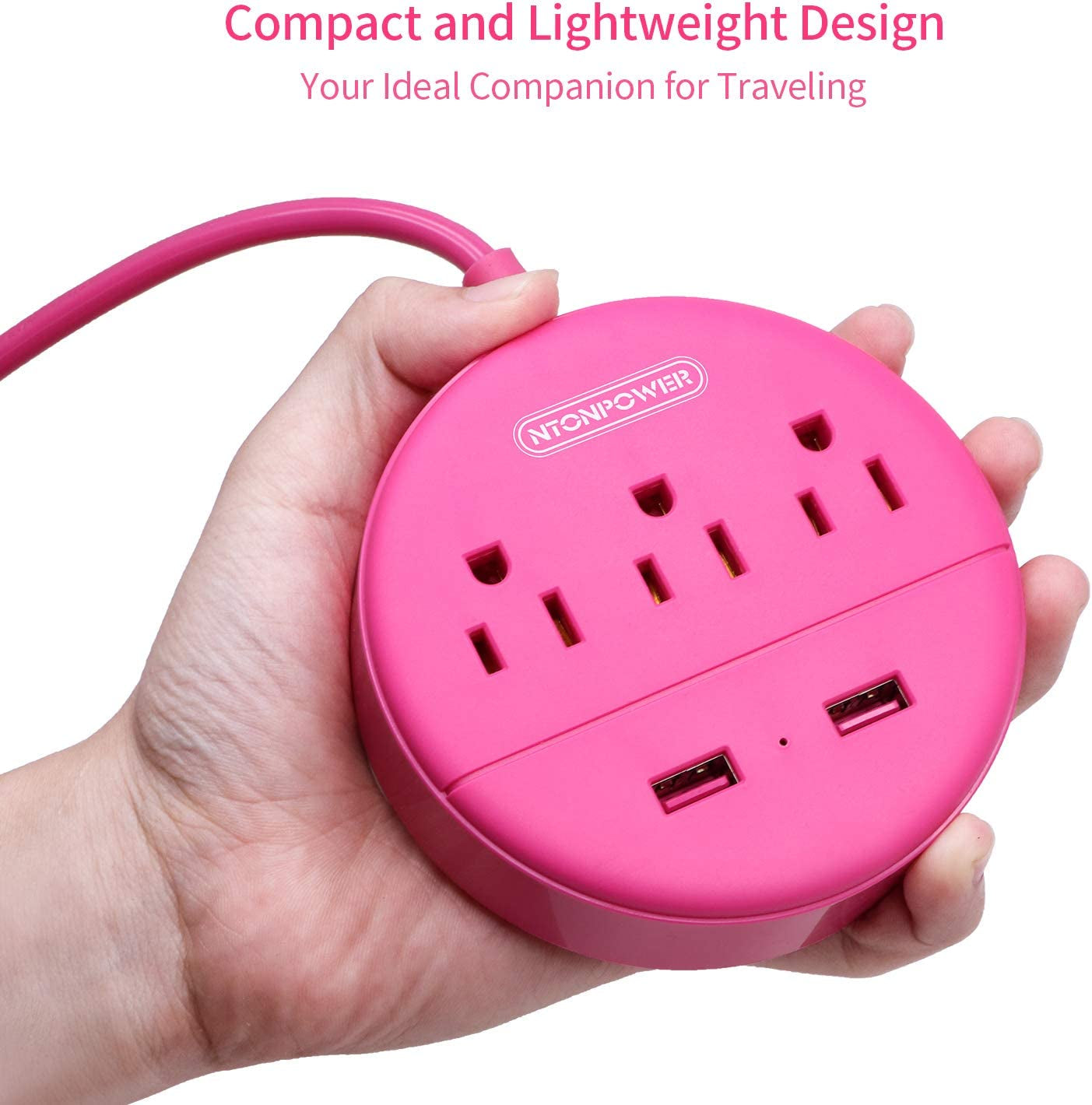 Pink Extension Cord 10 Ft,  Long Cord Power Strip Flat Plug, 3 Outlets 2 USB Desktop Charging Station Wall Mount, Compact for Home, Dorm Room, Office and Cruise Ship Nightstand